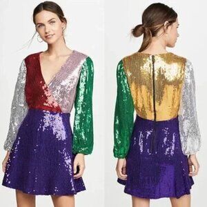 Alice + Olivia Long Sleeve V-Neck Blaze Colorblock Sequin Mini Dress. NWOT